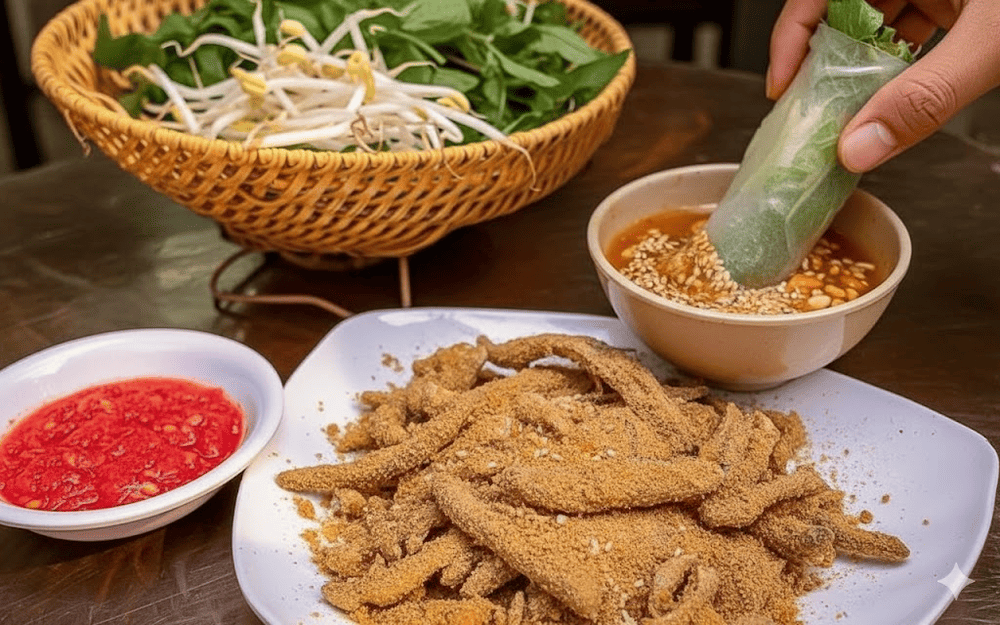 Gỏi cá Nam Ô “gây sốt” khi kết hợp giữa bánh tráng, khô cá, rau thơm và giá đỗ, chấm cùng nước mắm đậm đà, hấp dẫn